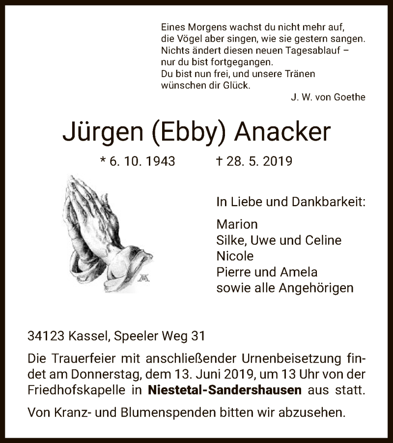  Traueranzeige für Jürgen Anacker vom 11.06.2019 aus HNA