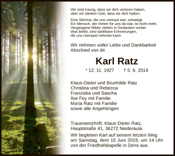 Traueranzeige von Karl Ratz von HNA
