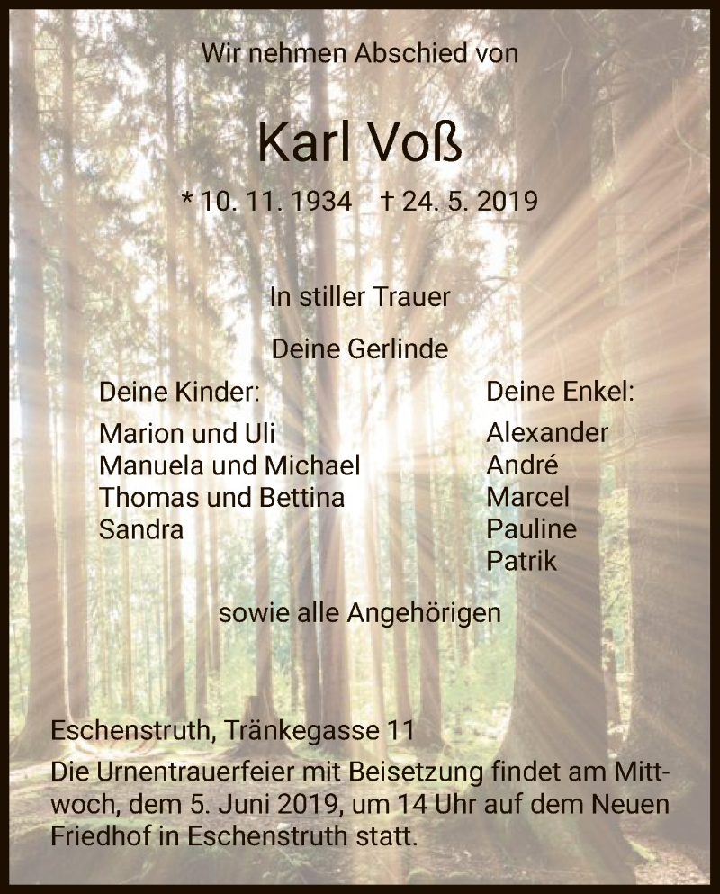  Traueranzeige für Karl Voß vom 01.06.2019 aus HNA