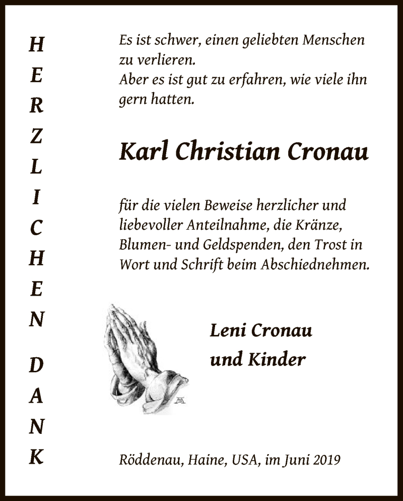  Traueranzeige für Karl Christian Cronau vom 14.06.2019 aus HNA