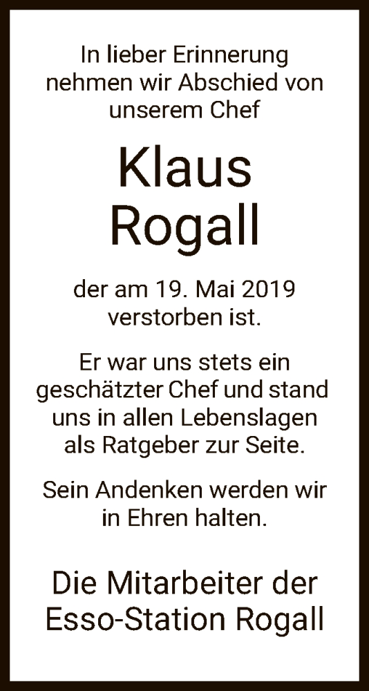 Traueranzeige für Klaus Rogall vom 15.06.2019 aus HNA