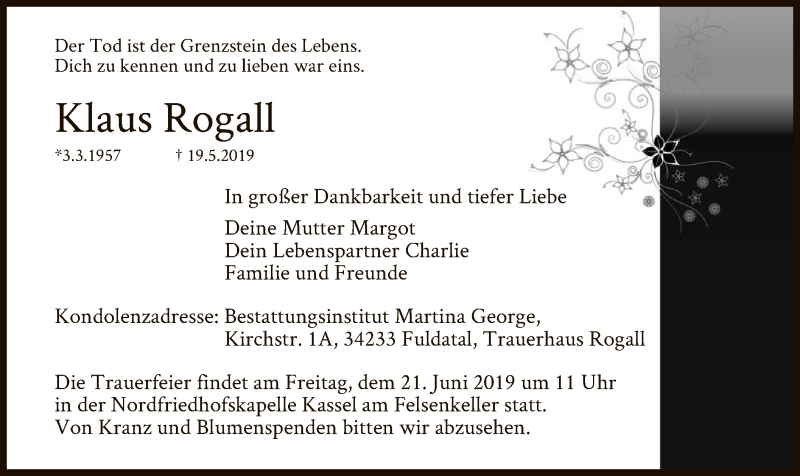  Traueranzeige für Klaus Rogall vom 15.06.2019 aus HNA