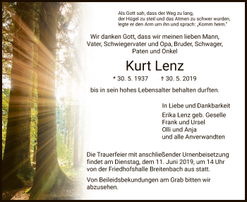 Traueranzeige von Kurt Lenz von HNA