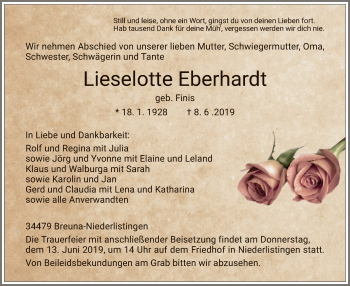 Traueranzeige von Lieselotte Eberhardt von HNA