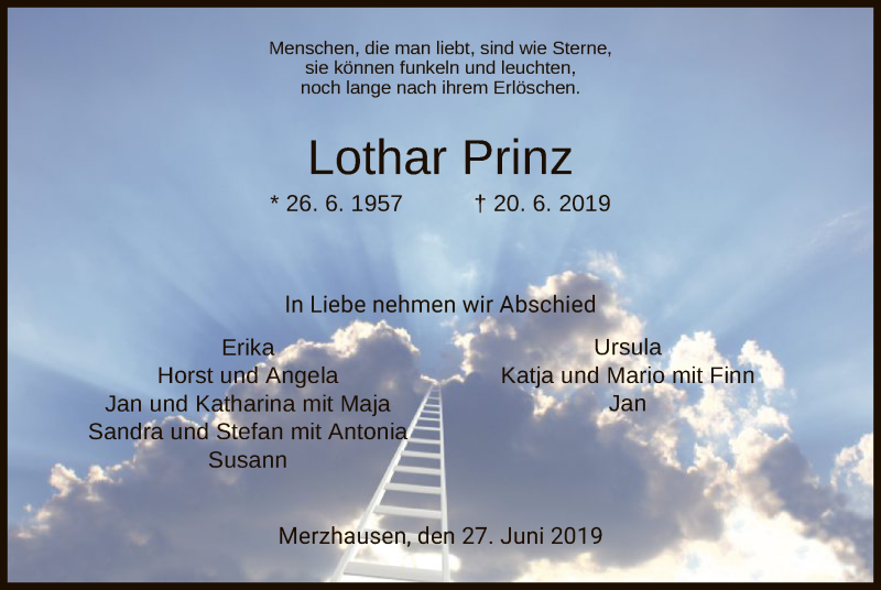  Traueranzeige für Lothar Prinz vom 27.06.2019 aus HNA