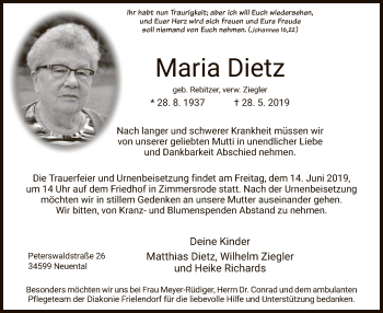 Traueranzeige von Maria Dietz von HNA