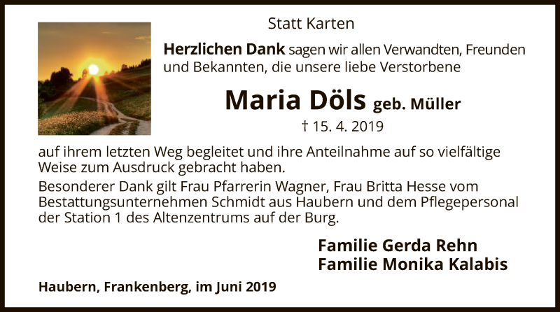  Traueranzeige für Maria Döls vom 08.06.2019 aus HNA