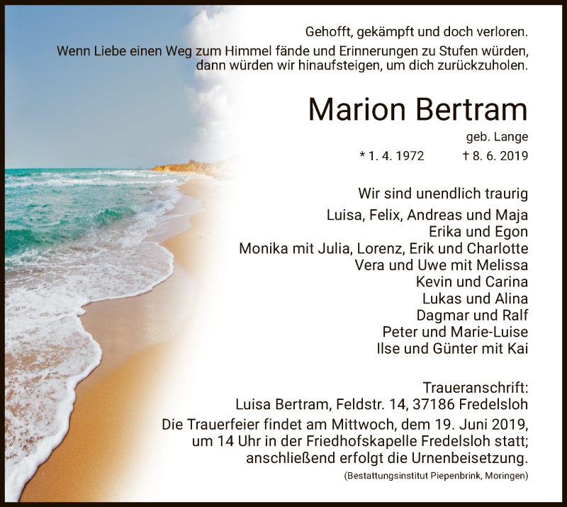  Traueranzeige für Marion Bertram vom 15.06.2019 aus HNA