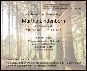 Traueranzeige von Martha Lindenborn von HNA