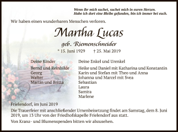 Traueranzeige von Martha Lucas von HNA