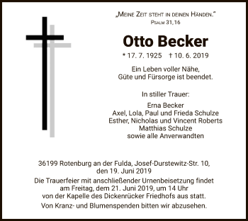 Traueranzeige von Otto Becker von HNA