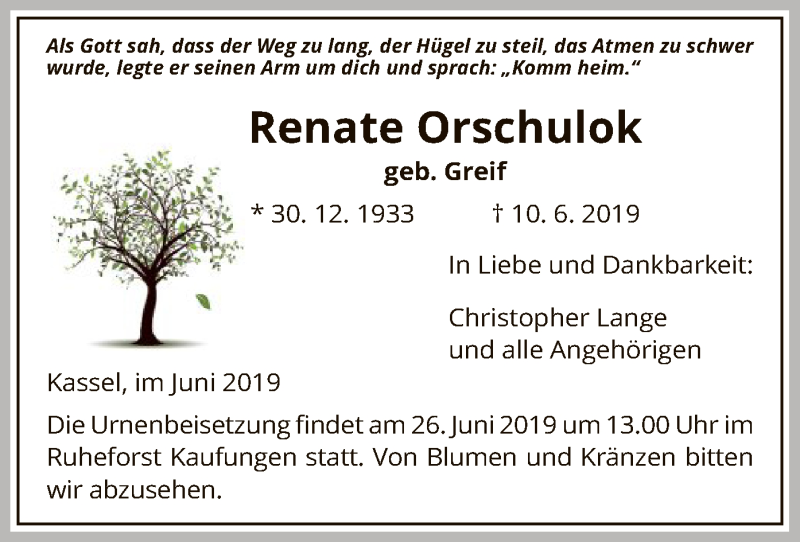  Traueranzeige für Renate Orschulok vom 22.06.2019 aus HNA