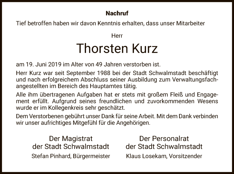 Traueranzeige für Thorsten Kurz vom 26.06.2019 aus HNA