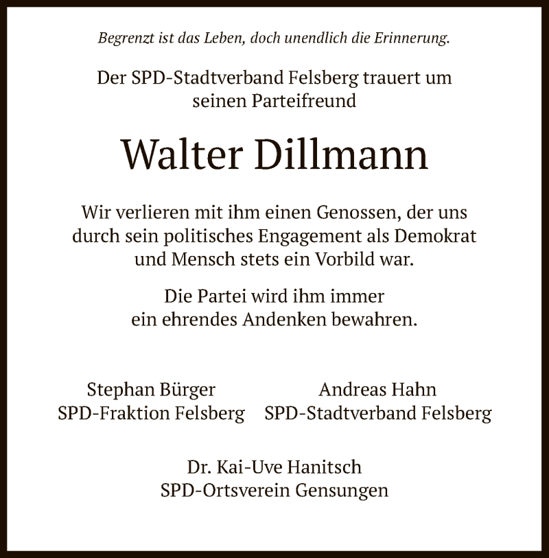  Traueranzeige für Walter Dillmann vom 22.06.2019 aus HNA