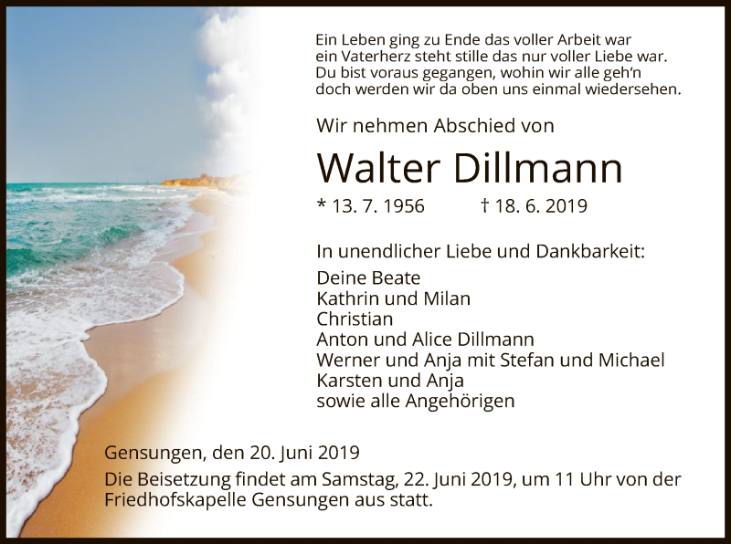  Traueranzeige für Walter Dillmann vom 20.06.2019 aus HNA