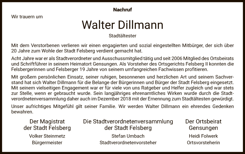  Traueranzeige für Walter Dillmann vom 22.06.2019 aus HNA
