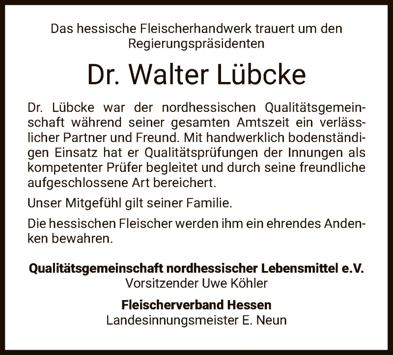  Traueranzeige für Walter Lübcke vom 08.06.2019 aus HNA