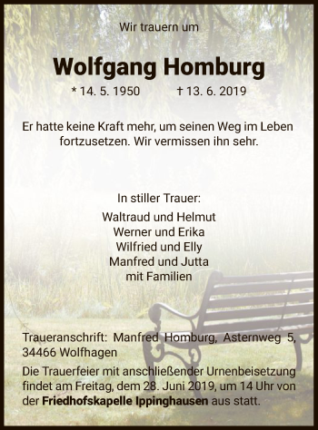 Traueranzeige von Wolfgang Homburg von HNA