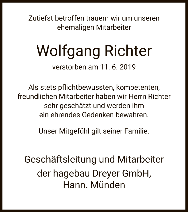  Traueranzeige für Wolfgang Richter vom 18.06.2019 aus HNA