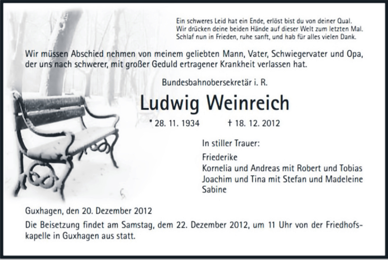  Traueranzeige für Ludwig Weinreich vom 20.12.2012 aus HNA