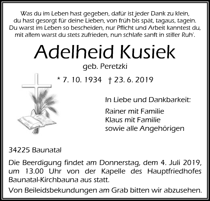  Traueranzeige für Adelheid Kusiek vom 29.06.2019 aus HNA