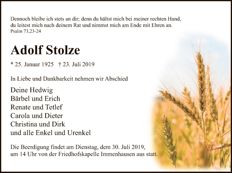  Traueranzeige für Adolf Stolze vom 27.07.2019 aus HNA