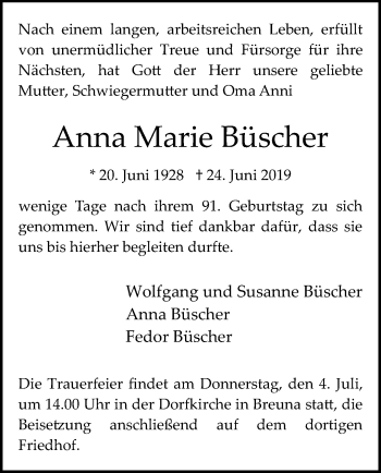 Traueranzeige von Anna Marie Büscher von HNA