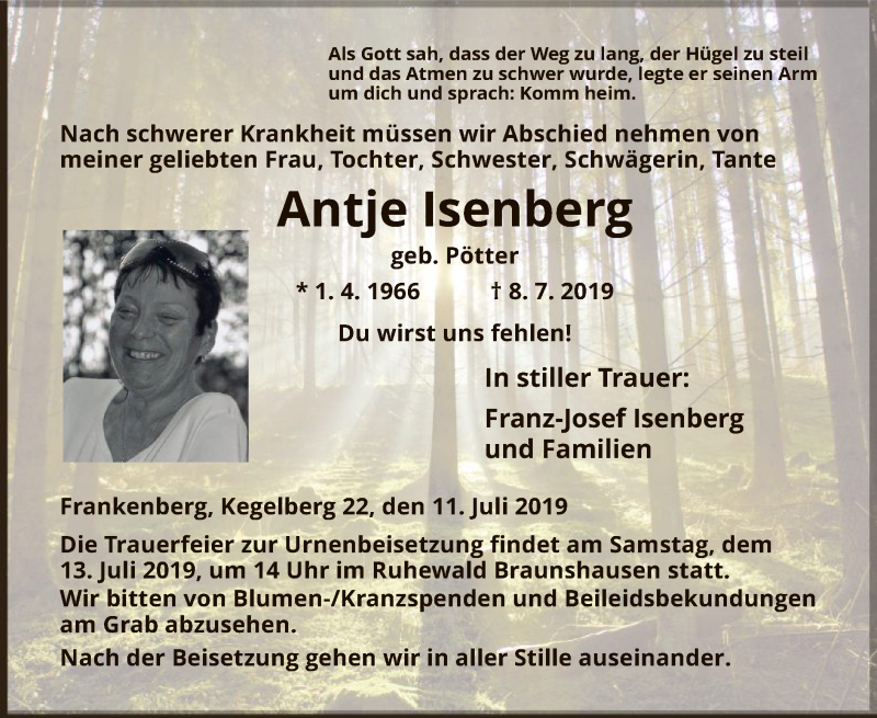  Traueranzeige für Antje Isenberg vom 11.07.2019 aus HNA
