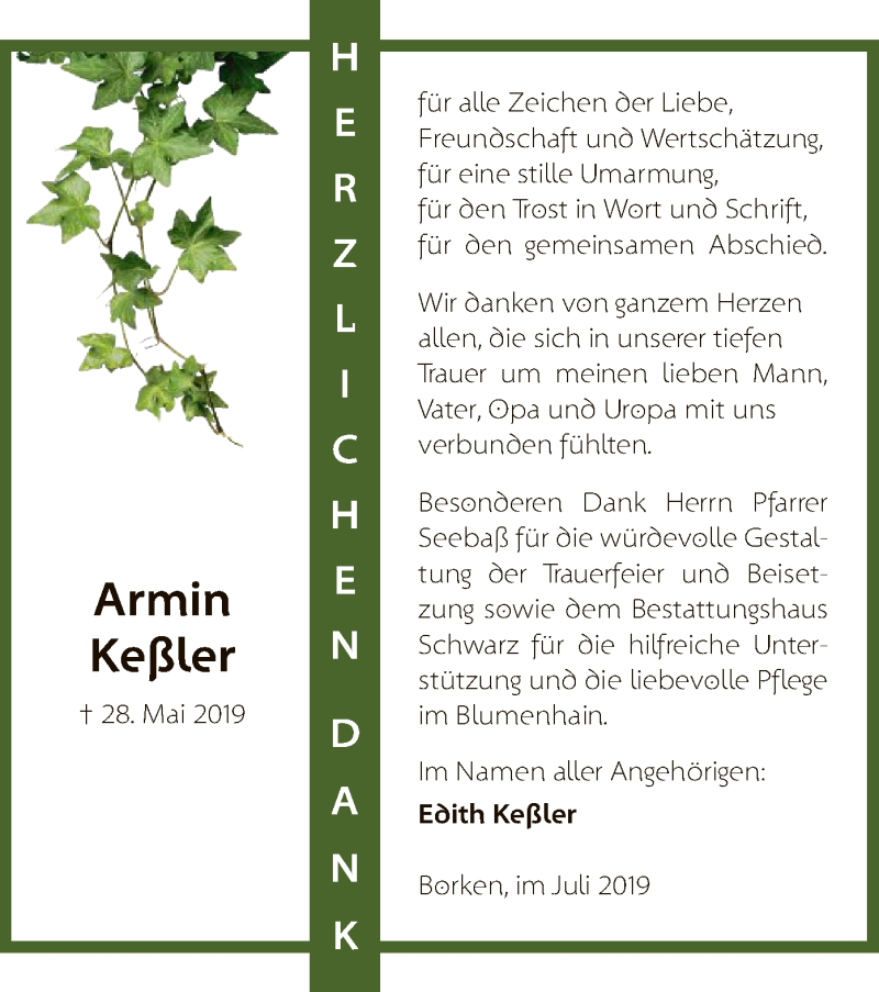  Traueranzeige für Armin Keßler vom 13.07.2019 aus HNA