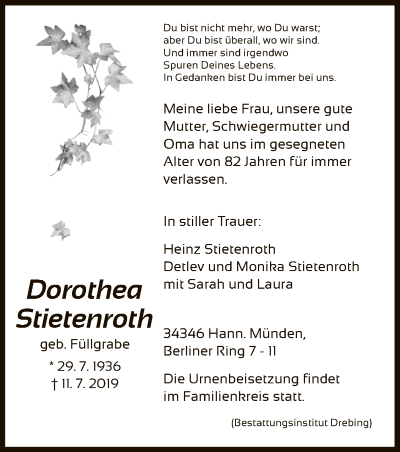  Traueranzeige für Dorothea Stietenroth vom 20.07.2019 aus HNA