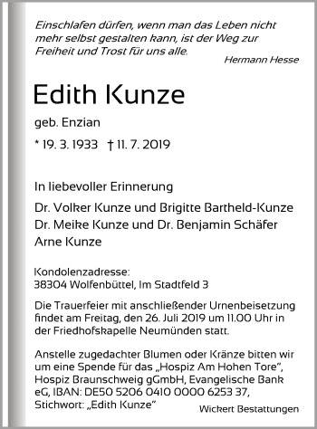 Traueranzeige von Edith Kunze von HNA