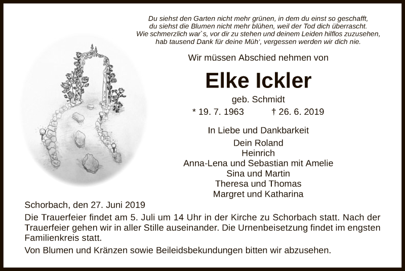  Traueranzeige für Elke Ickler vom 01.07.2019 aus HNA