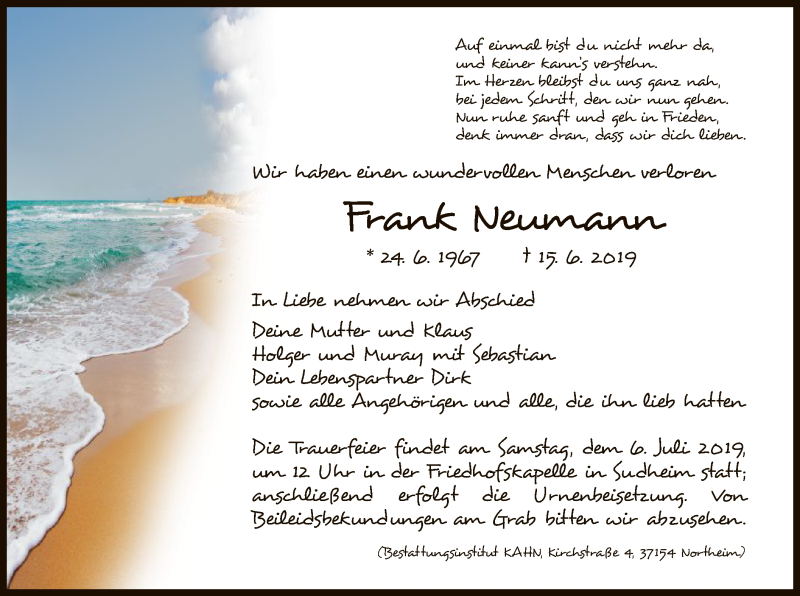  Traueranzeige für Frank Neumann vom 29.06.2019 aus HNA