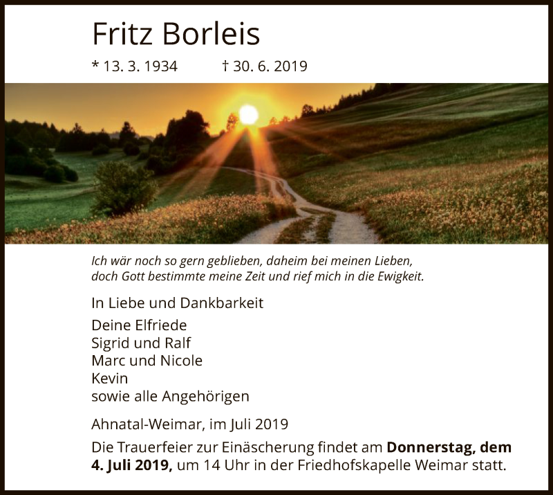  Traueranzeige für Fritz Borleis vom 02.07.2019 aus HNA