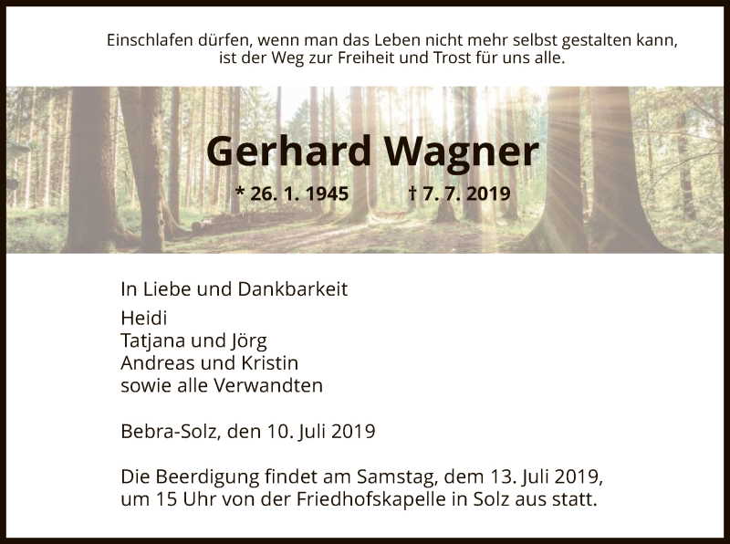  Traueranzeige für Gerhard Wagner vom 10.07.2019 aus HNA