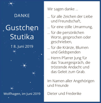 Traueranzeige von Gustchen Stutika von HNA