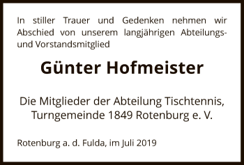 Traueranzeige von Günter Hofmeister von HNA