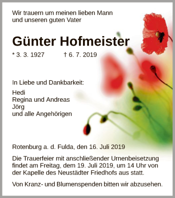 Traueranzeige von Günter Hofmeister von HNA