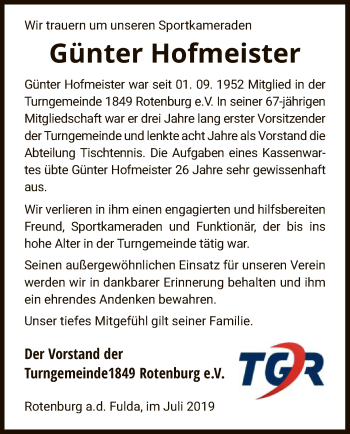 Traueranzeige von Günter Hofmeister von HNA