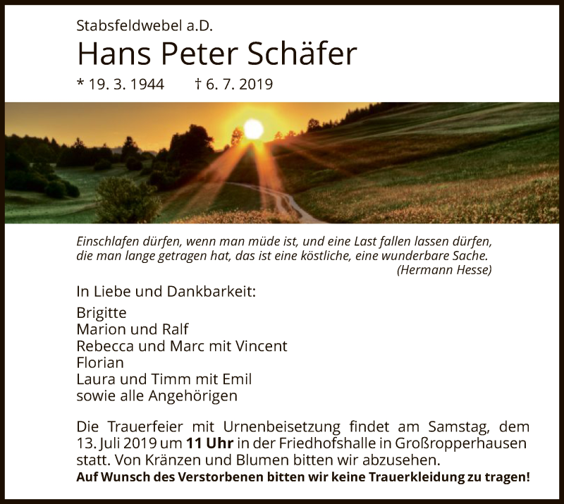  Traueranzeige für Hans Peter Schäfer vom 11.07.2019 aus HNA