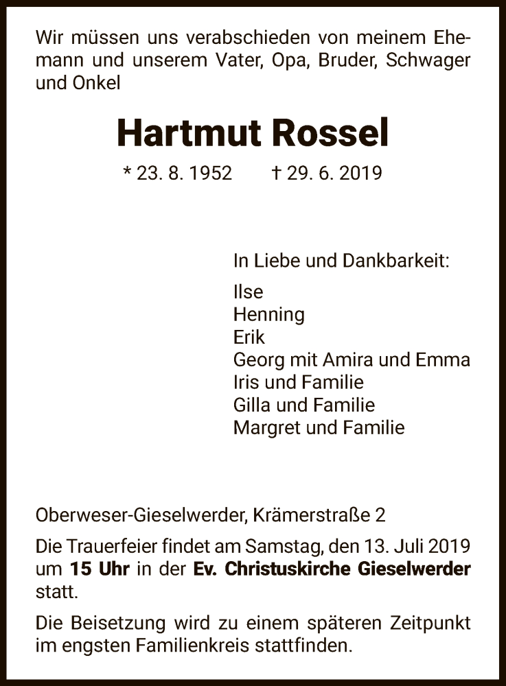  Traueranzeige für Hartmut Rossel vom 10.07.2019 aus HNA