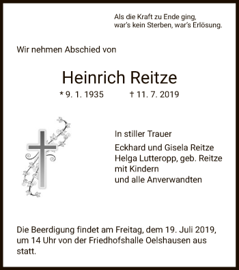 Traueranzeige von Heinrich Reitze von HNA