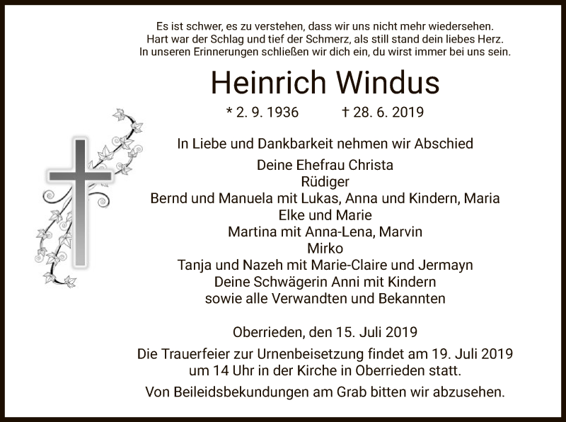  Traueranzeige für Heinrich Windus vom 15.07.2019 aus HNA