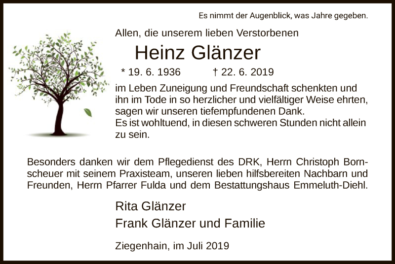  Traueranzeige für Heinz Glänzer vom 20.07.2019 aus HNA