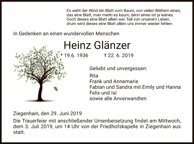  Traueranzeige für Heinz Glänzer vom 29.06.2019 aus HNA