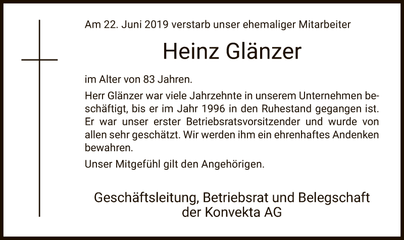  Traueranzeige für Heinz Glänzer vom 04.07.2019 aus HNA