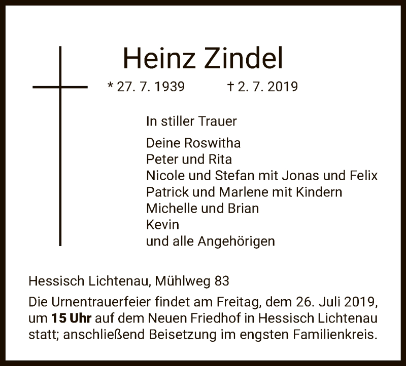  Traueranzeige für Heinz Zindel vom 06.07.2019 aus HNA