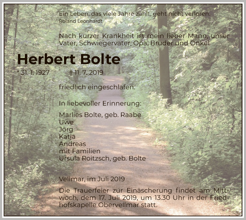  Traueranzeige für Herbert Bolte vom 13.07.2019 aus HNA
