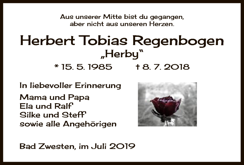  Traueranzeige für Herbert Tobias Regenbogen vom 08.07.2019 aus HNA