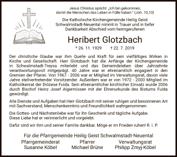 Traueranzeige von Heribert Glotzbach von HNA